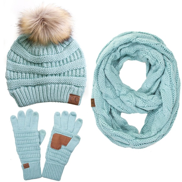 C.C 3pc Knit Warm Pom Beanie Gloves Scarves Set main image 4